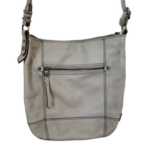 The Sak cream leather cross body bag. 12” by 12” by 2”. max strap drop 24”